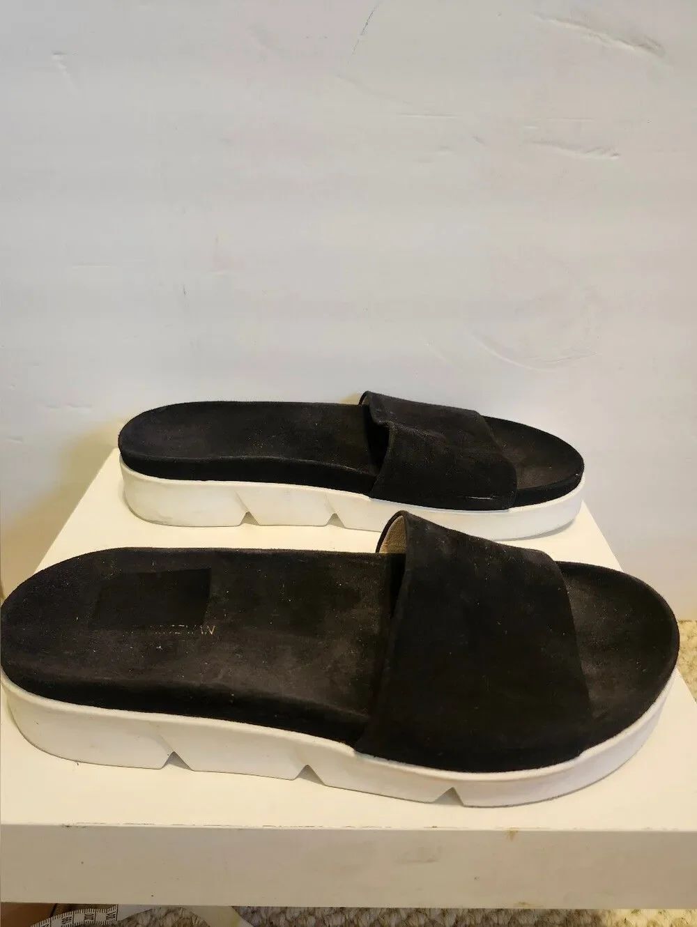 Stuart Weitzman Black Suede Wide Strap Lug Sole Comfort Slides Sz. 10 Ret.$295